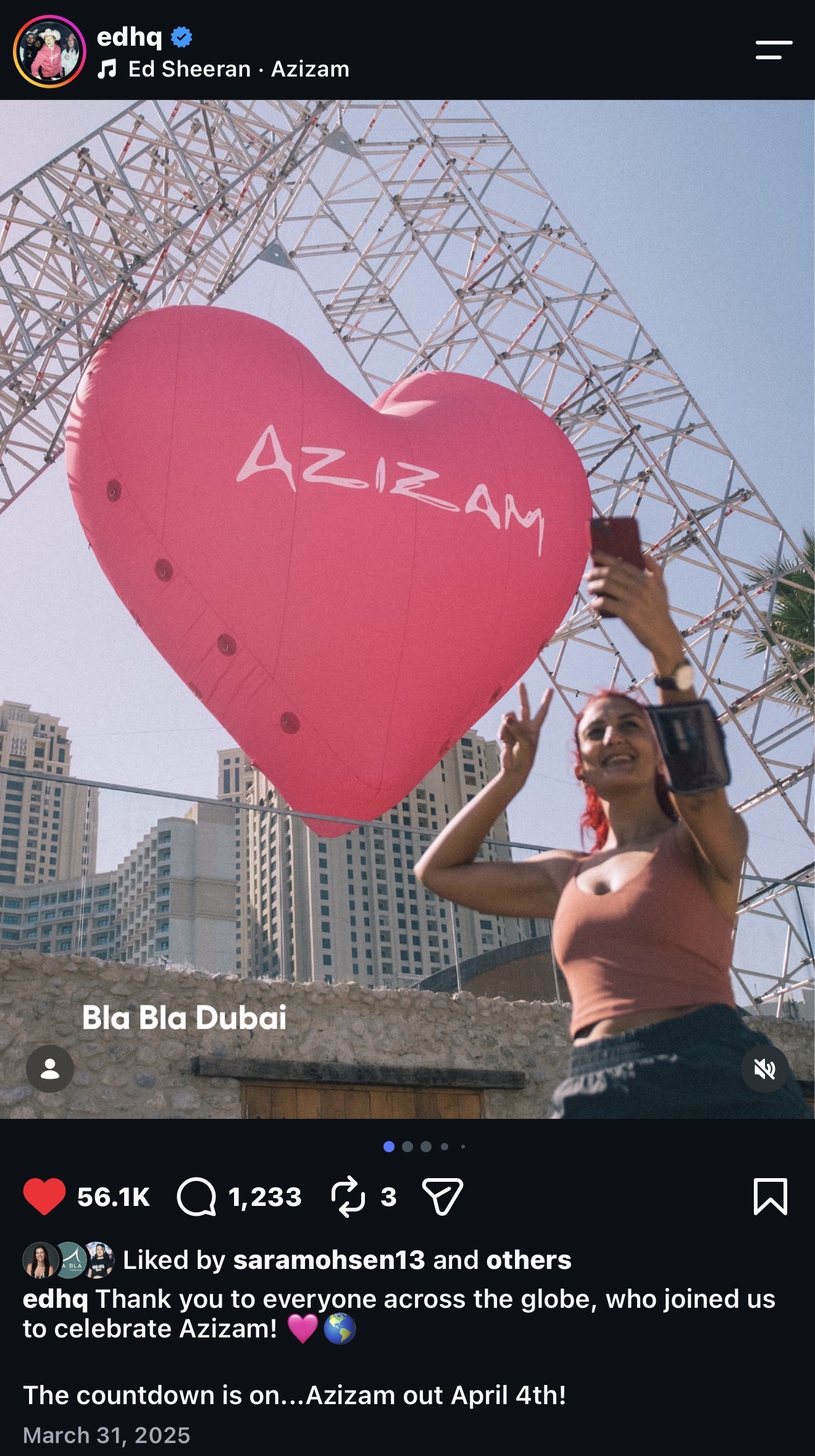 Ed Sheeran Azizam campaign post featuring the Bla Bla Dubai heart installation