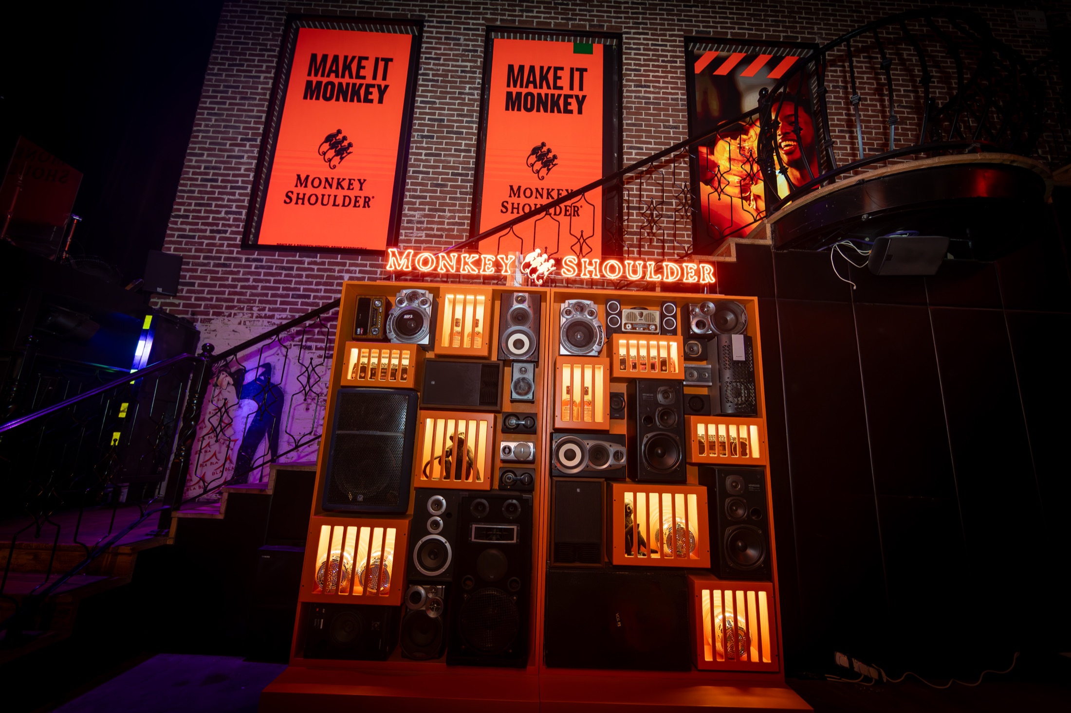 Monkey Shoulder Disco Nap speaker-wall installation